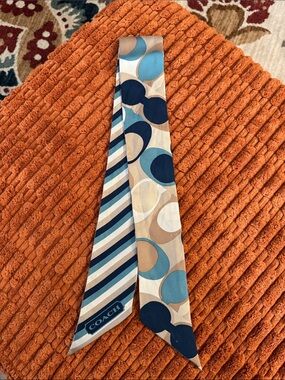 Coach Blue, Navy and Tan Patterned Silk Twilly Scarf